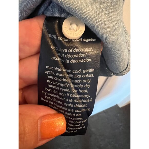 Tommy Hilfiger Button Down Blouse, Blue, Roll Sleeves, 100% Cotton, Size XL - Picture 10 of 12